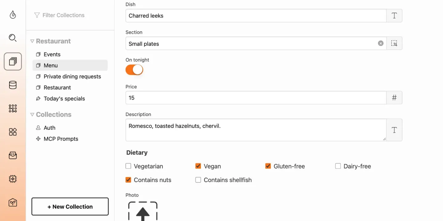 The edit form for a dish in the Total CMS admin: its name, section, an On tonight switch, price, description and dietary checkboxes. The sidebar lists the restaurant's collections: events, menu, private dining requests, the restaurant record and today's specials.