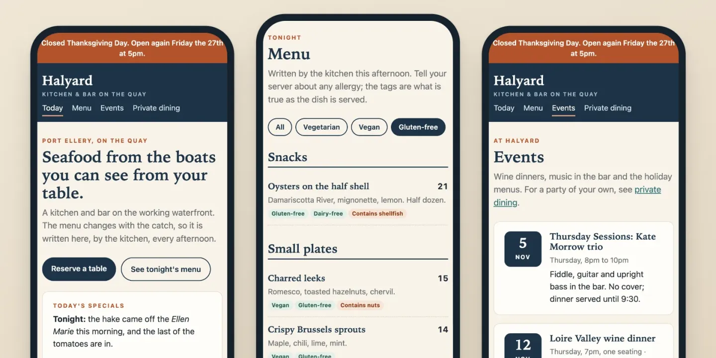 Three phone screens from the sample restaurant site: today's page with a holiday closure banner and the specials, the menu filtered to gluten-free dishes with their dietary tags, and the upcoming events.