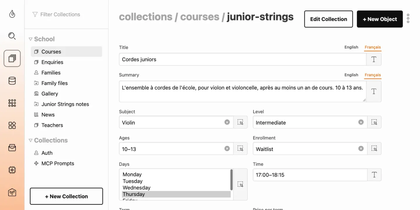 The admin form for the Junior Strings course with the Français tab selected: the title reads Cordes juniors and the summary is in French, above the shared subject, level, ages, enrollment, days and time fields