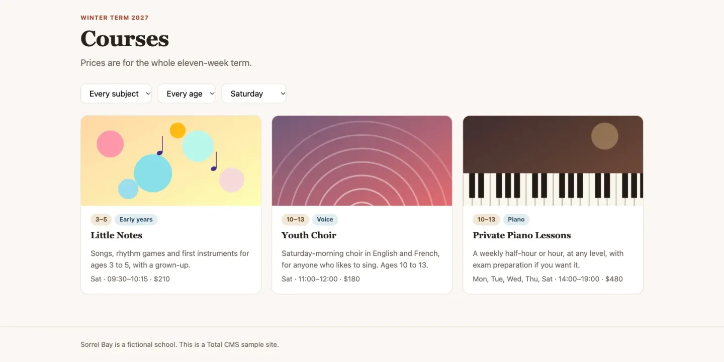 The sample school's course list filtered to Saturday: three course cards, Little Notes for ages 3 to 5, Youth Choir and Private Piano Lessons, each with its ages, subject, days, time and price per term