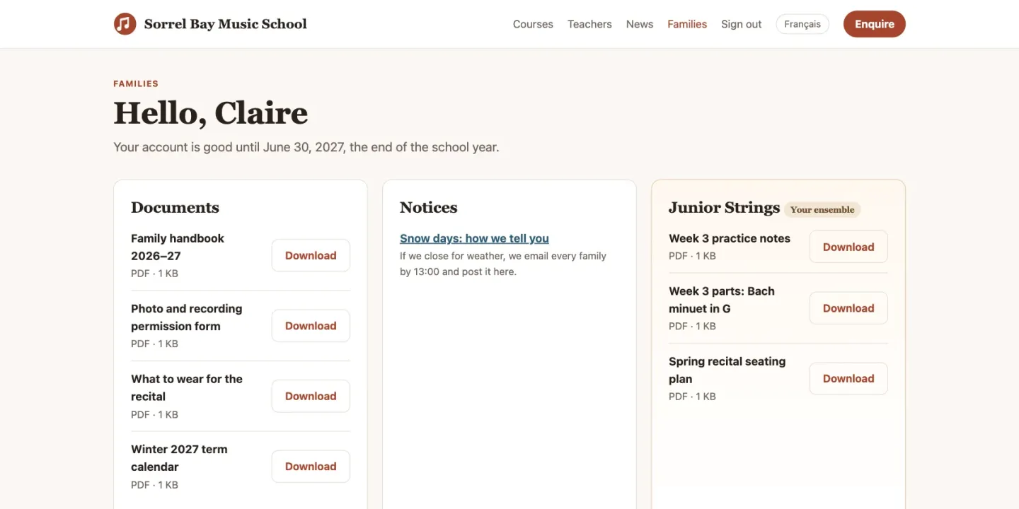 The families page of the sample school for a signed-in parent: shared documents to download, notices for parents, and a Junior Strings section with that ensemble's parts and practice notes